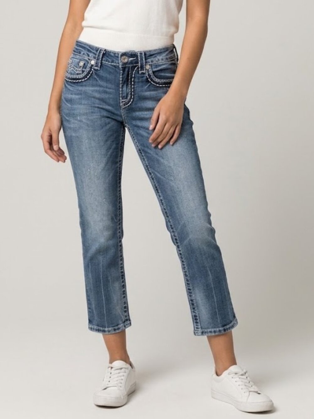 Miss Me Boyfriend Capri Jeans Embroidered Pockets Waist Size 26